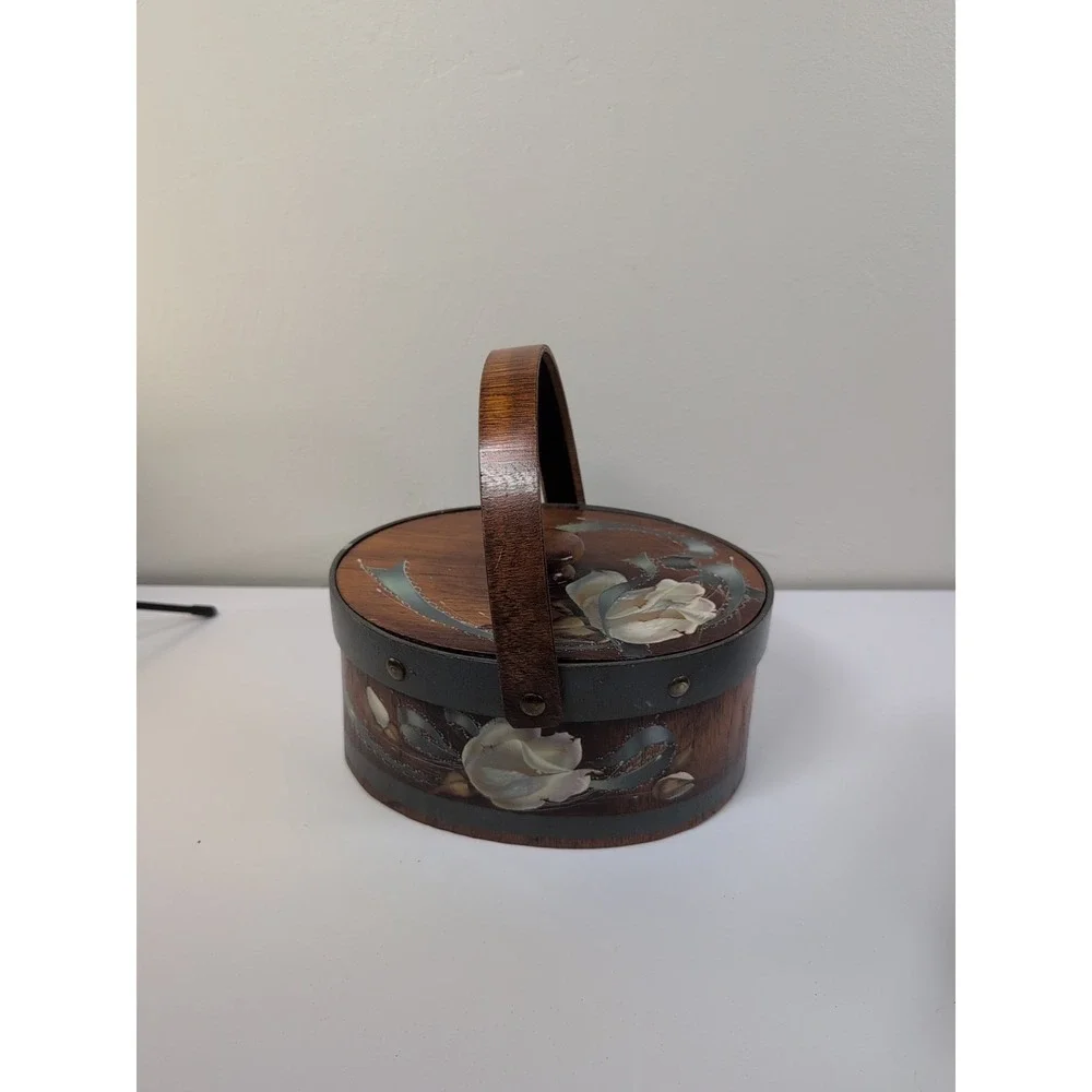 Wooden‎ Wood Handled Bucket Pale Box Floral  With Lid Vintage